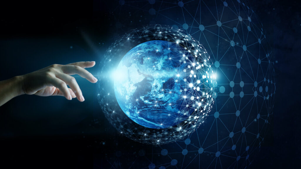 Hand of touching global network connection and data exchanges on the planet earth background, Elements of this image furnished by NASA