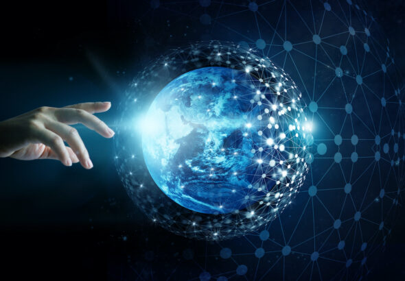 Hand of touching global network connection and data exchanges on the planet earth background, Elements of this image furnished by NASA
